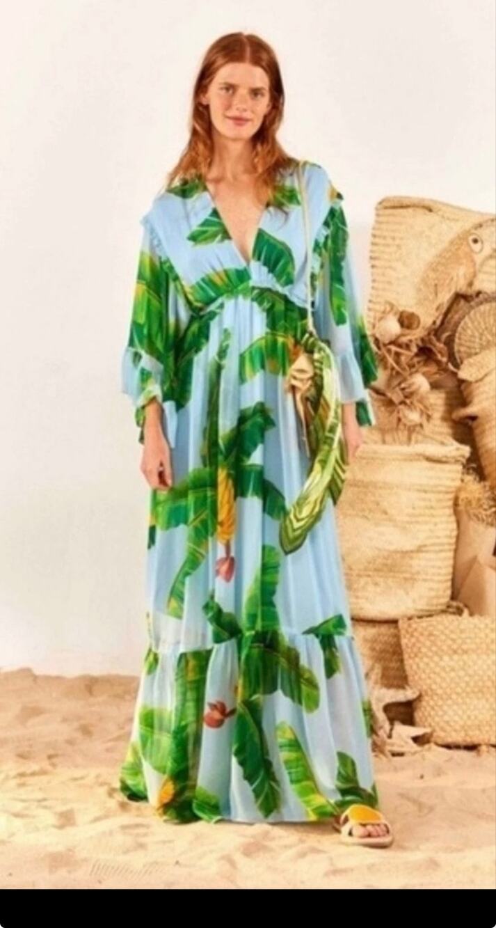 FARM Rio Fresh Banana Leaf Maxi Dress Tropical Bell Sleeve M